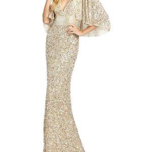Mac Duggal Capelet Sequin Sheath Gown - Nude Gold Size 6 - NWT
